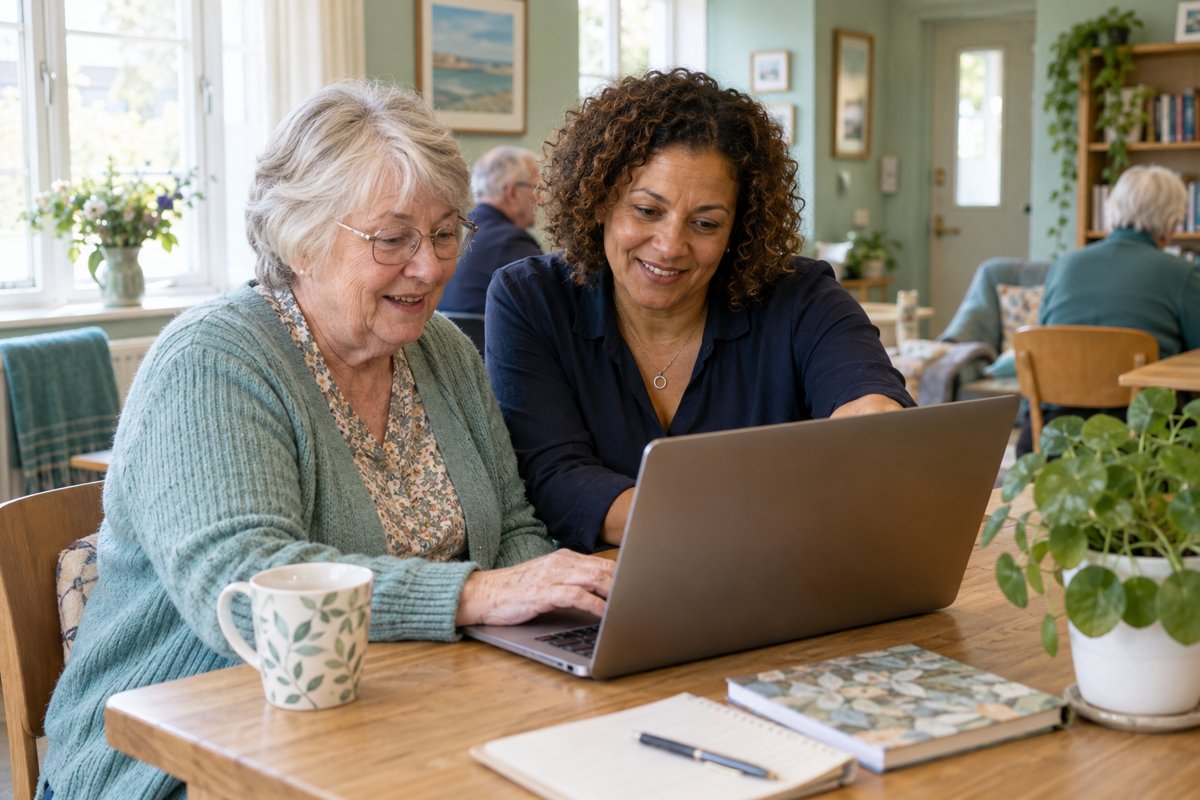 A woman patiently helping an older woman use a laptop